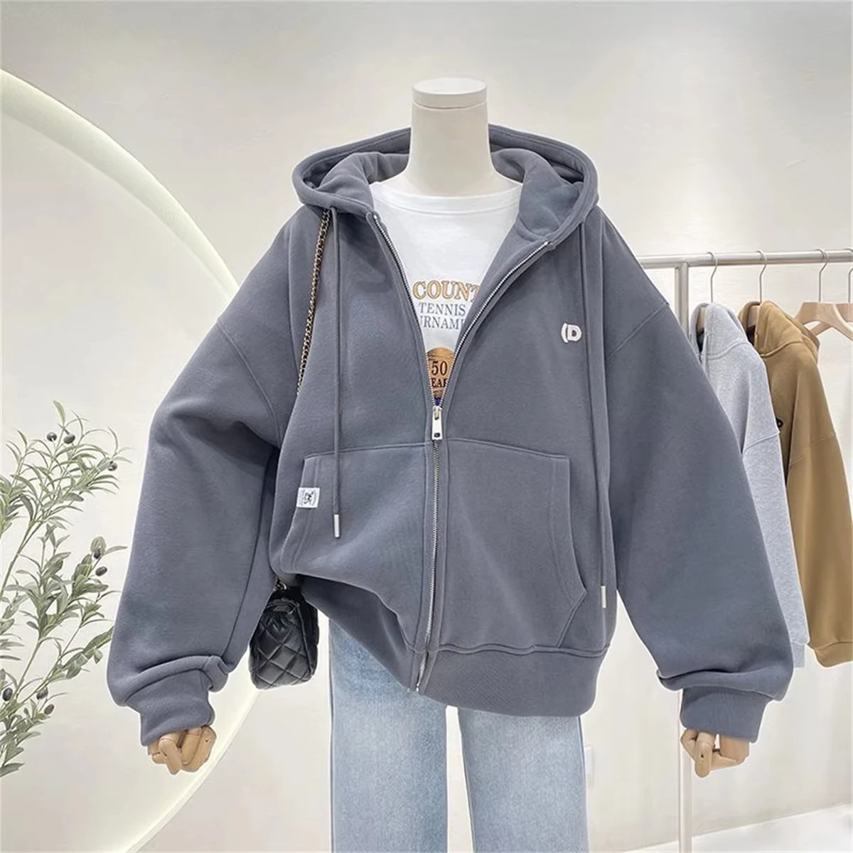 Simple Versatile Loose Plush Thickened Hooded Sweatshirt for Women Autumn Winter Casual Oversize Zipper Cardigan Jacket