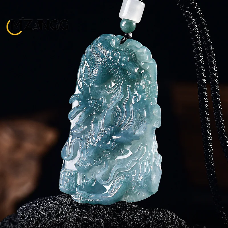 Natural Jadeite Blue Water Dragon Roaring To The Skies Pendant Hand-Carved High-End Ice-Type Jade Necklace Unisex Holiday Gift