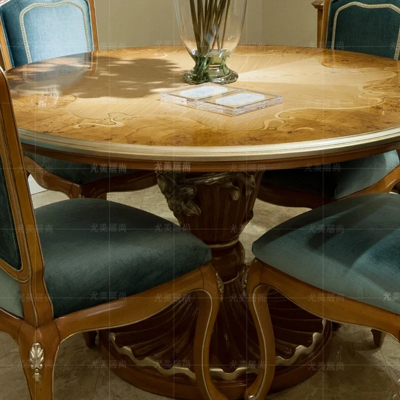 European round table Solid wood high-end villa dining table and chair combination Italian tracing gold table