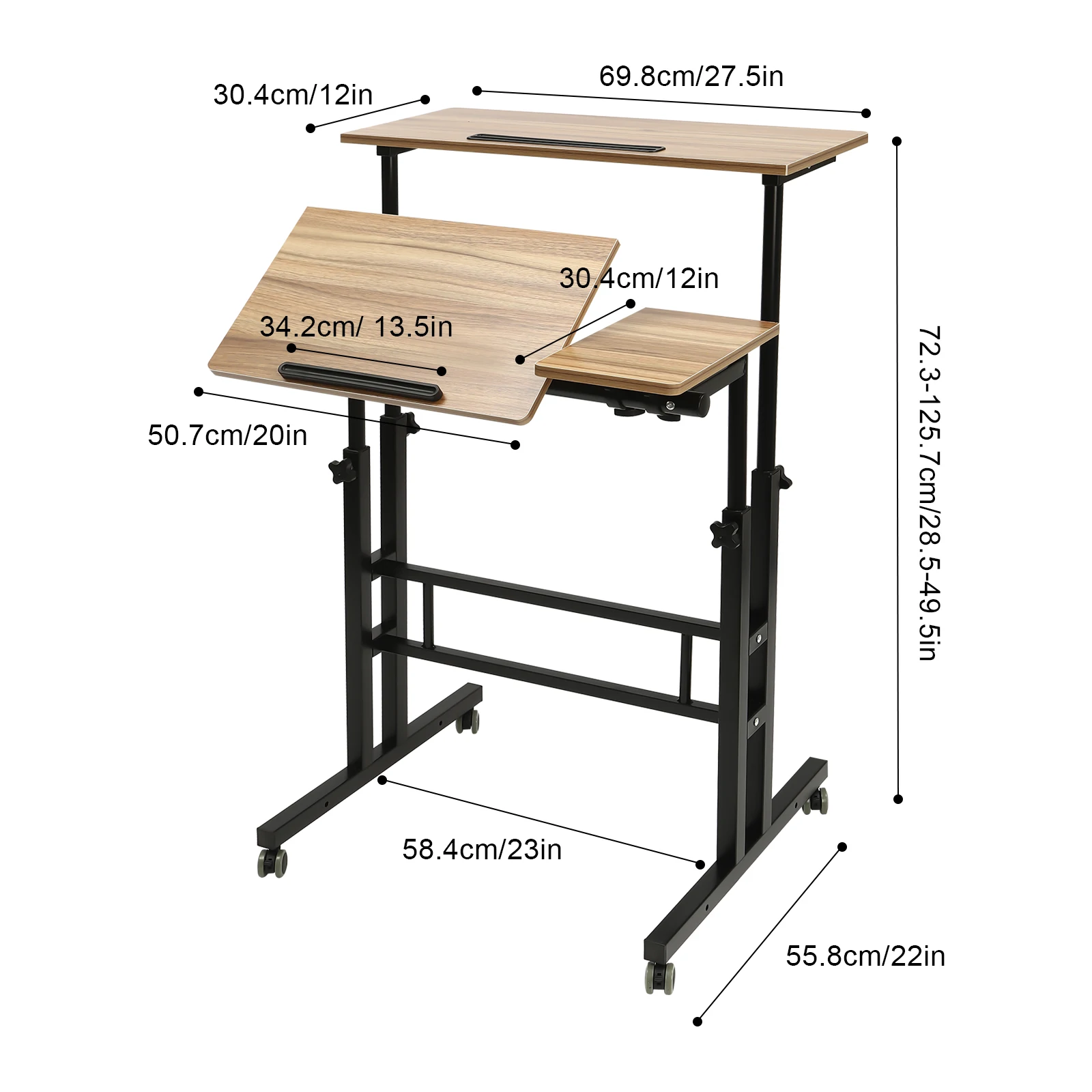 Mobile Stand Up Desk Height Adjustable with Standing & Seating 2 Modes Tilting Tabletop Flexible Wheels Rolling Laptop Cart