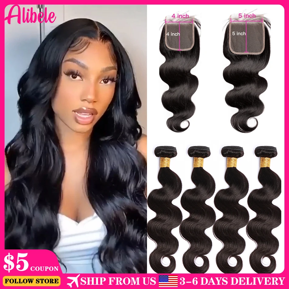 Alibele 5x5 HD Lace Closure With Bundles Brazilian Body Wave Bundles With Closure 10-32 Inch Long Hair Bundles With 4x4 Closure