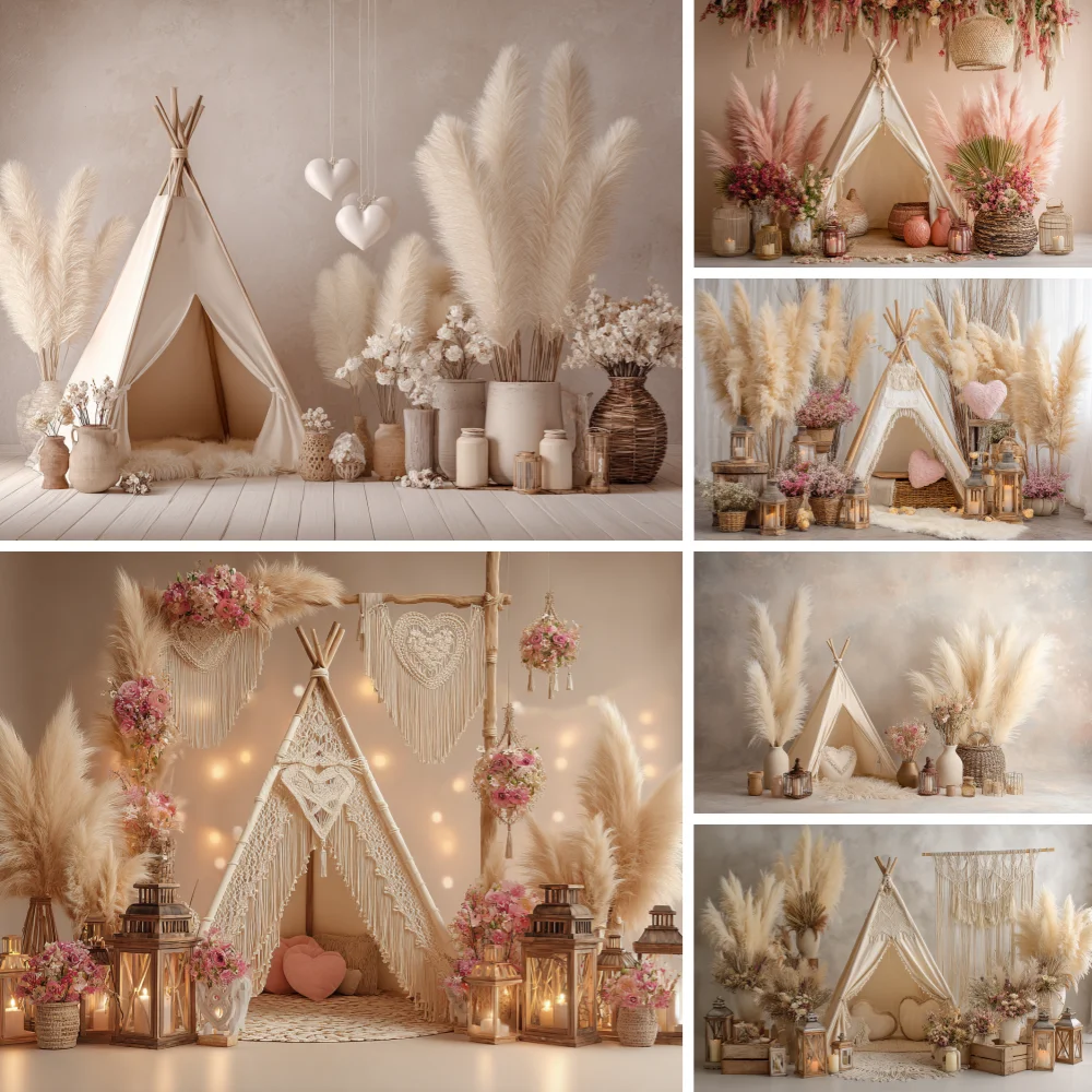 

Newborn Bohemian Theme Style Photography Background Rainbow Flowers Tent Baby Shower Kids Portrait Interior Decor Photo Backdrop