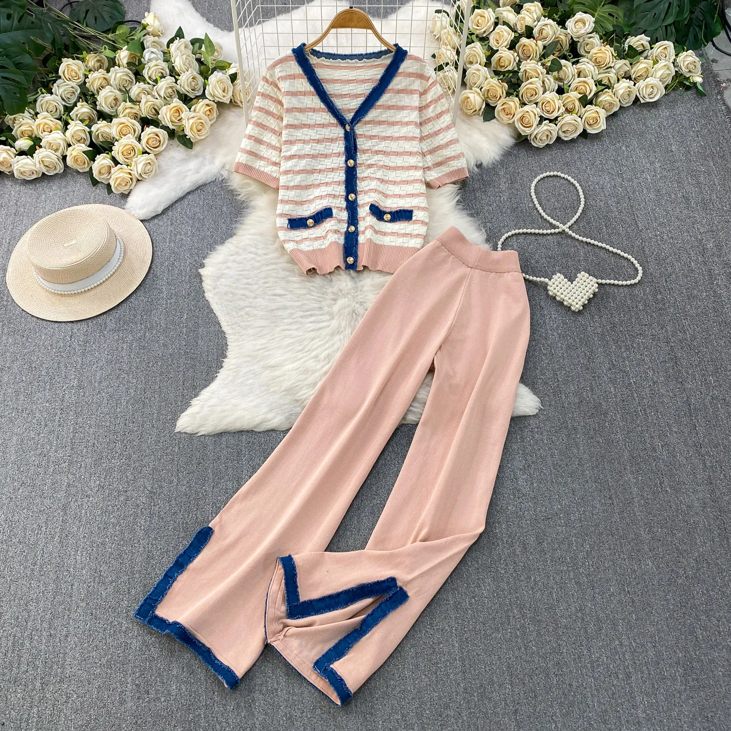 Chic Oversized Layered Striped Knit Cardigan Patchwork Denim Split Wide Leg Pants Suits Women's 2-piece Jeans Set Outfits