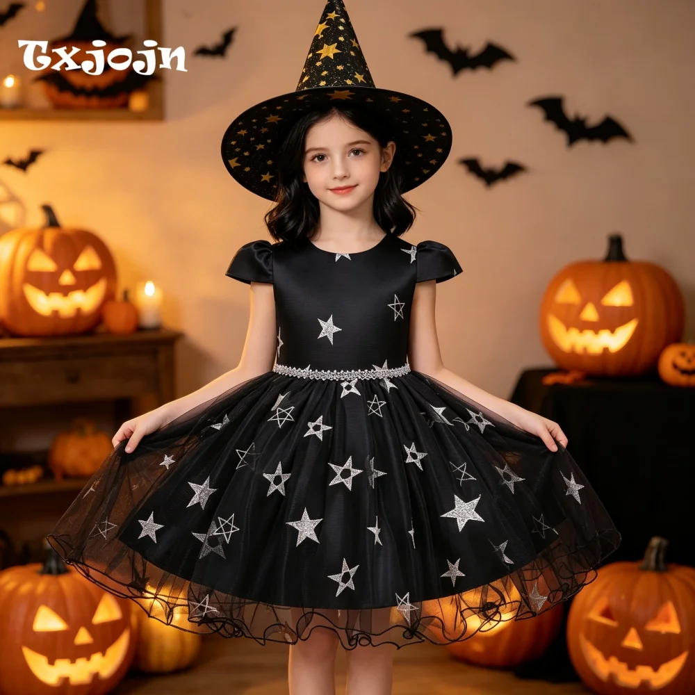 Halloween Girl's Dress with Free Hat 3-14 Years Old Girl's Printed Fluffy Dress Cap Sleeve Black Mesh Dress Performance Dress