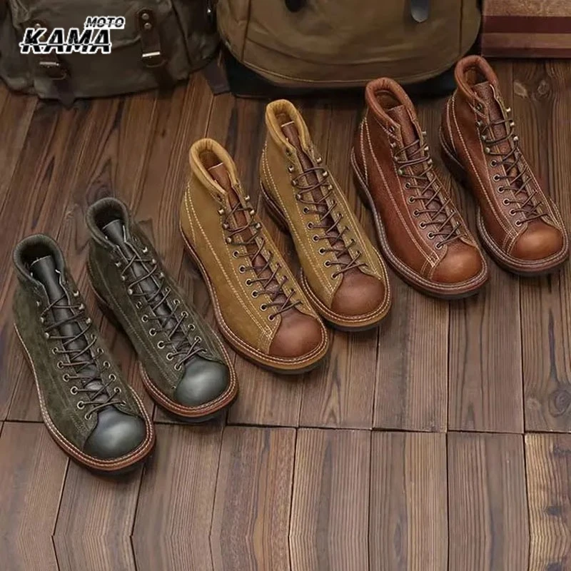 

Мужские мотоциклетные ботинки из воловьей кожи, походные ботинки, треккинговые ботинки, британские повседневные кроссовки, треккинговые ботинки на толстой подошве, высокие ботинки.