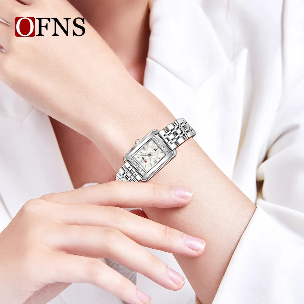 OFNS 1557 montre à Quartz pour femme avec cadran à motif de diamant bracelet en acier inoxydable calendrier étanche avec ensemble de diamants montre pour femme