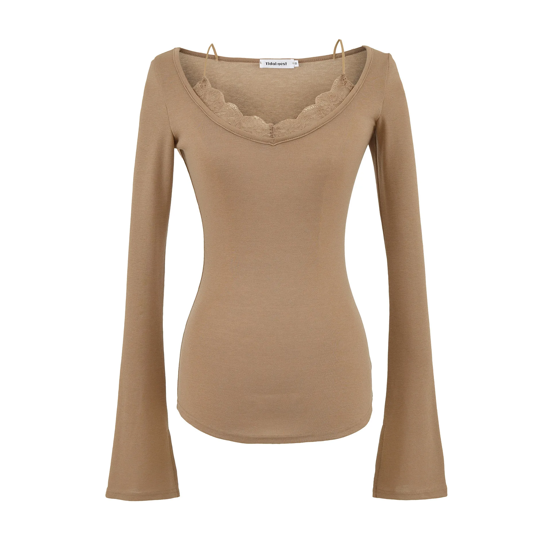 

New Spicy Girl Sexy Pure Desire Style Long Sleeve T-Shirt Autumn New Patchwork Lace Strap Fake Two-Piece Waist-Cinching Top NIW3