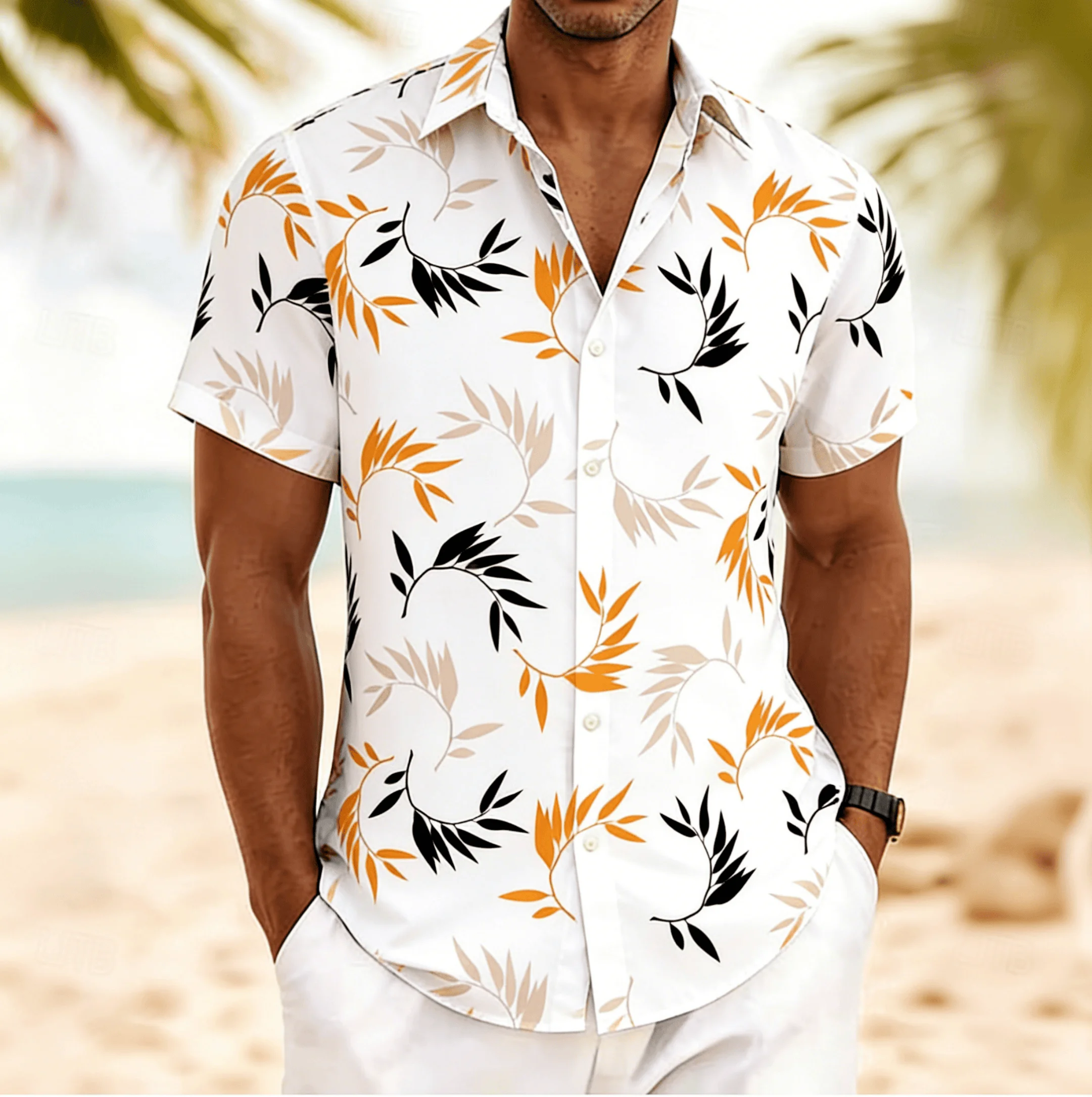 

Men's Circular Leaf Print Short Sleeve Shirt, Spring Summer Minimalist Casual Vacation Blouse, Loose Casual Top