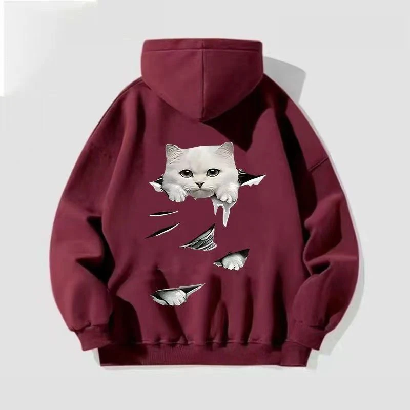 Cute Cat Thick Hoodies Women Fall Winter Warm Loose Long Sleeve Soft Tops Coats Vintage Lady Casual Preppy Style Kawaii Pullover