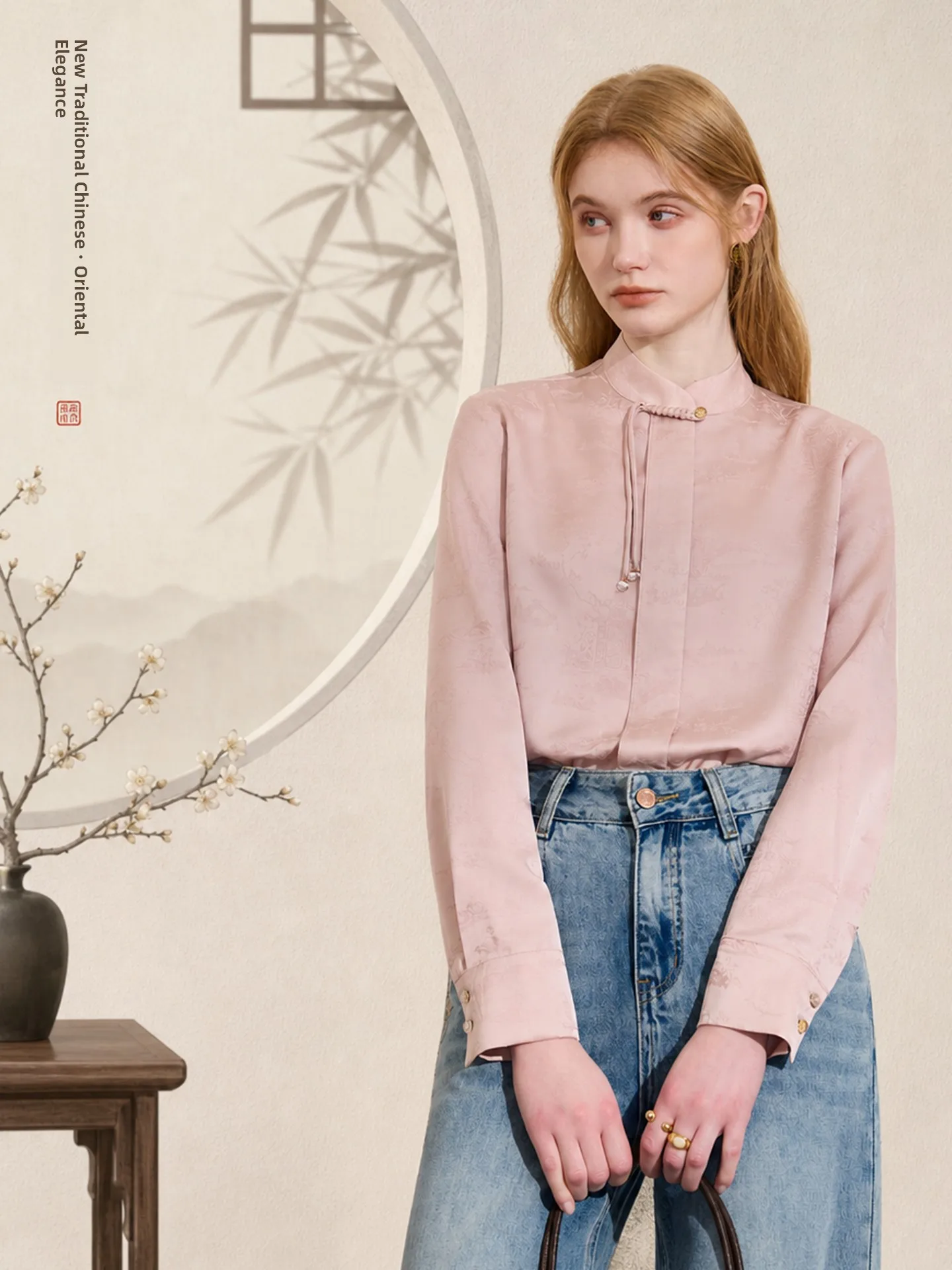 Elegant Chinese Style Shirt Satin Long Sleeve Stand Collar Button up Dark Pattern Women's Fashion Autumn Top by KUHNMARVIN