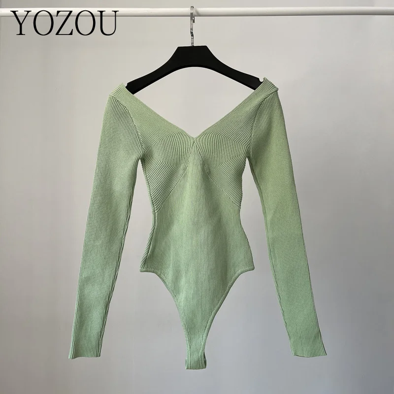 [YOZOU] Cotton Knitwear Green Black White Gray Solid Chic Slim Knitted Deep V Neck Sweater Jumper Pullovers Bodysuit Women Top