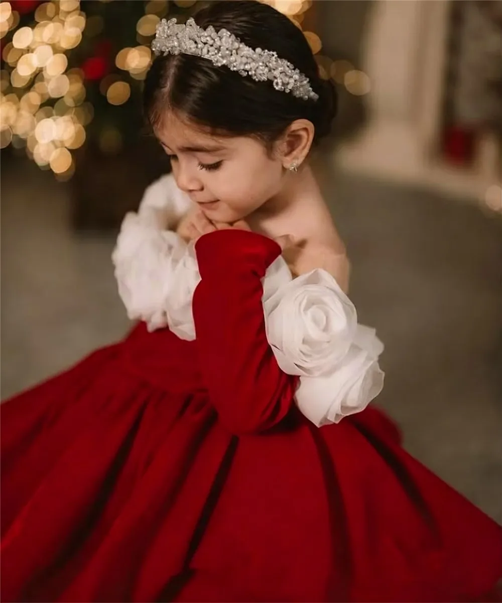 

Elegant Velvet Flower Girl Wedding Dress Off Shoulder Full Sleeves Princess 3D Flowers Kid Birthday Party Dress Customized