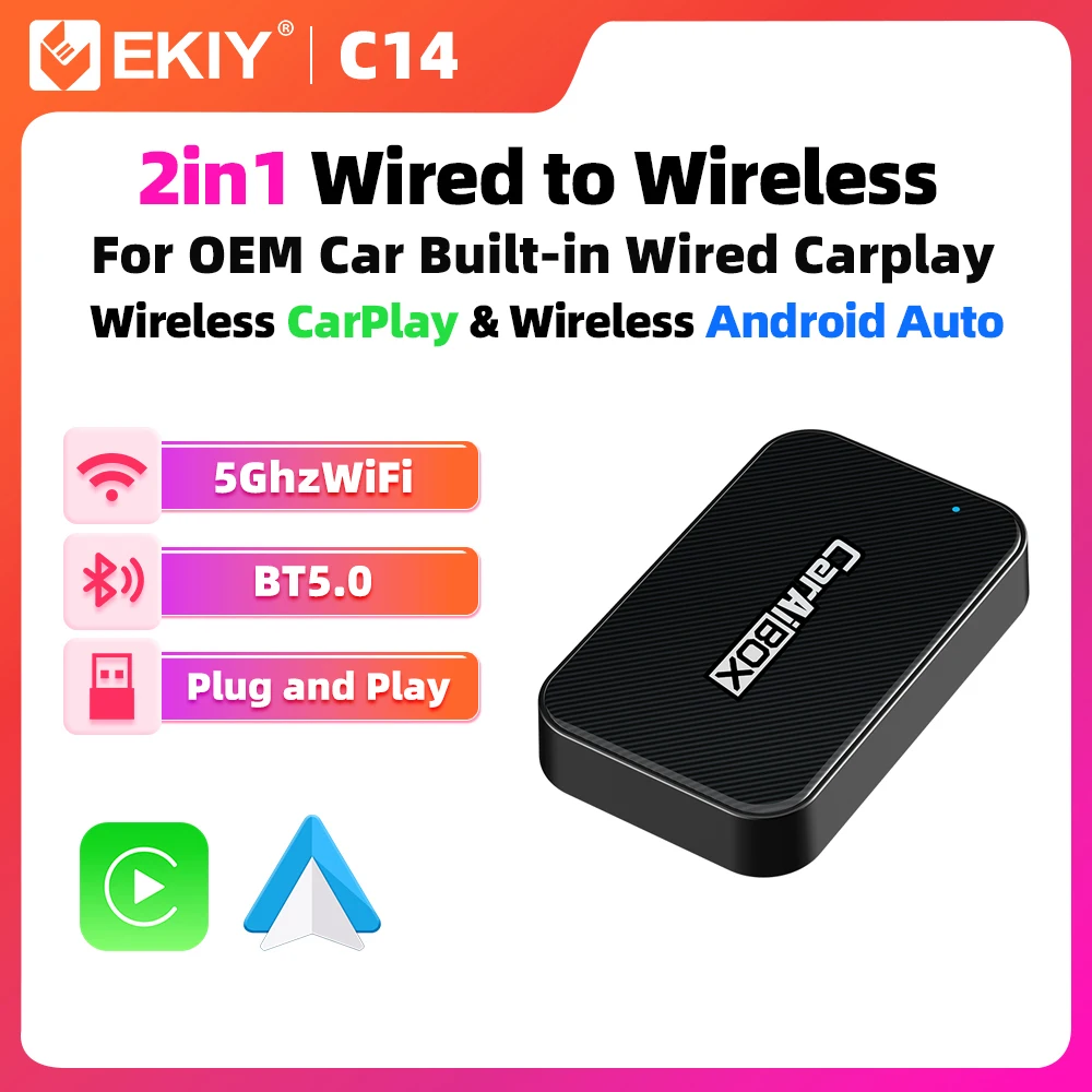 EKIY 2 en 1 AI TV Box sistemas inteligentes para coche con Cable CarPlay inalámbrico CarPlay Dongle inalámbrico Android Auto adaptador