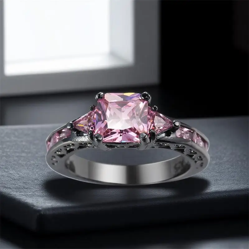 لطيف مربع حجر الوردي كريستال خواتم الخطبة للنساء خمر الأسود معدن الزفاف وعد العصابات مجوهرات هدية عيد الحب