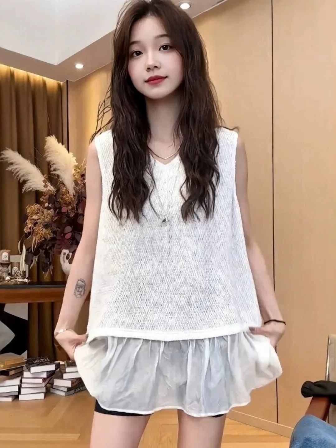 Korean Style V-Neck Mesh Splice Sleeveless Vest Loose Casual Fashion Special Large Size Women's Top Breathable Summer Outerwear