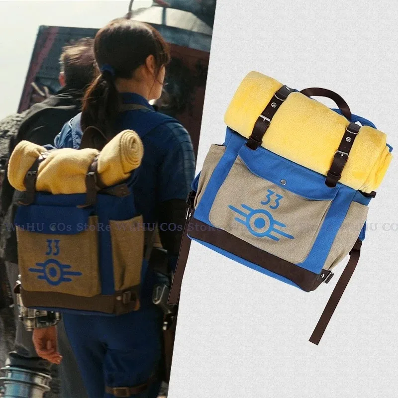 2025 yiyi Fall Cos Out disfraz de Cosplay Vault 33 mujer hombre superviviente Lucy mochila bolsa con manta mujeres hombres parte de Halloween