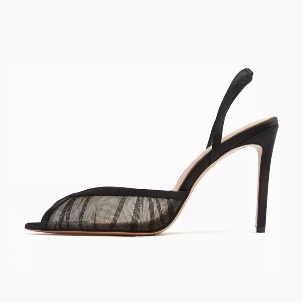 

Arden Furtado Summer Black Mesh Pleated Banquet Shoes Pointed to Stilettos heels Back Strap Peep toe Sandals Extra large size