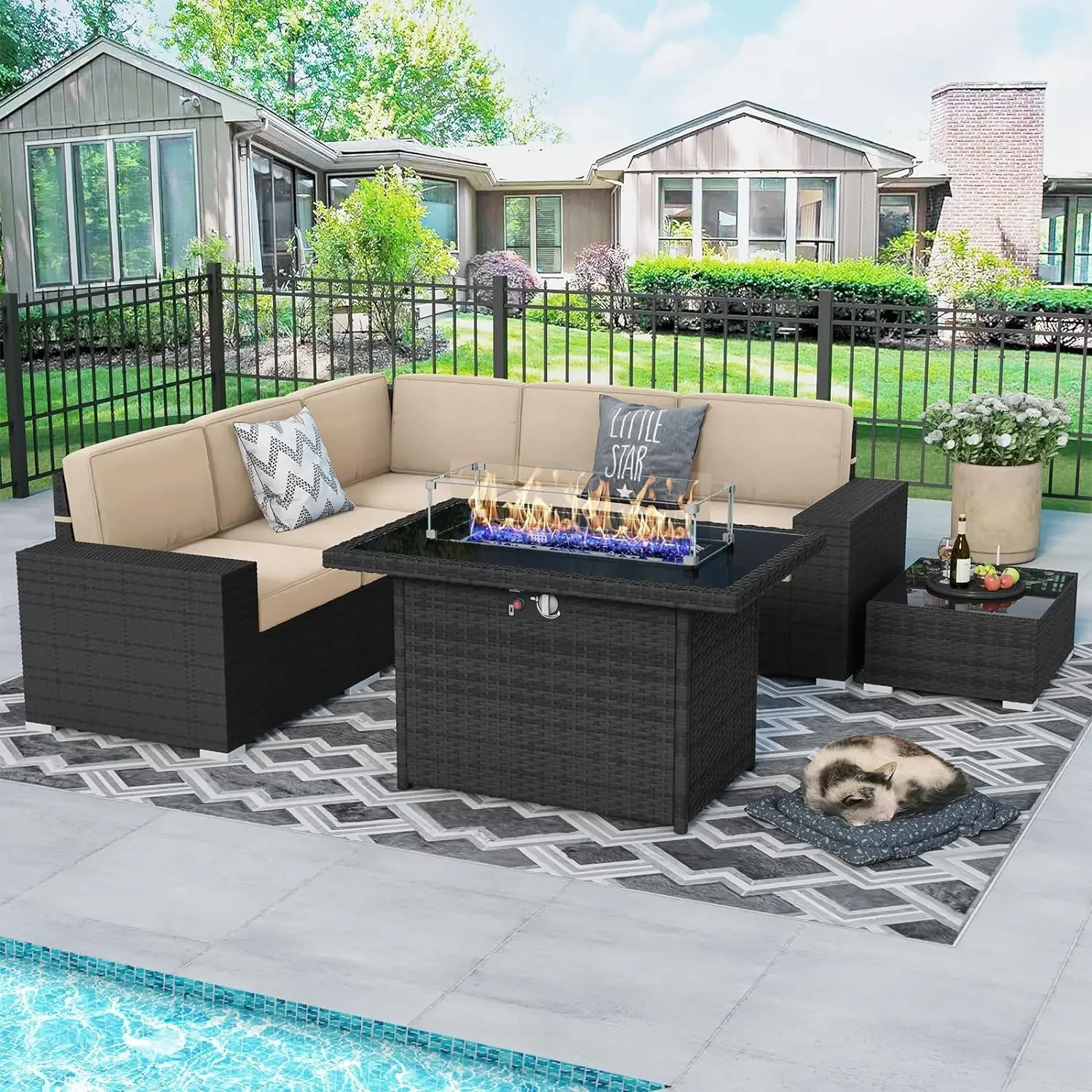 

Outdoor Patio Furniture Set 6/7 Pieces Sectional Conversation Sofa Set Brown Rattan Sofa Set with Coffee Table