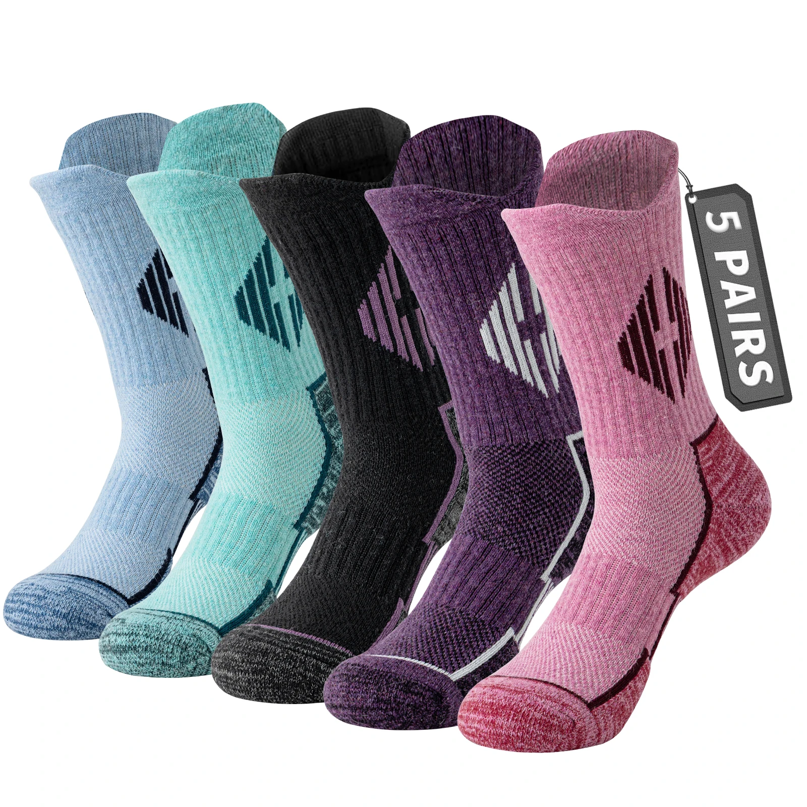 5 Pairs of Merino Wool Hiking Socks, Outdoor Long Socks, Warm and Comfortable Winter Cushioning Boots and Socks