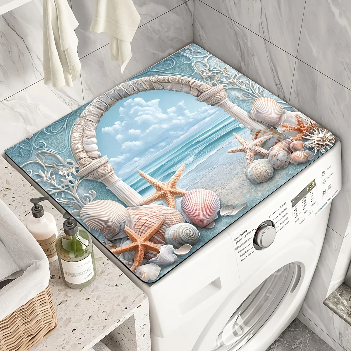 1 Piece Of Quick Drying Polyester Top Cover, Protective Pad With Shell Beach Design, Modern Washing Machine Dustproof Pad, Used