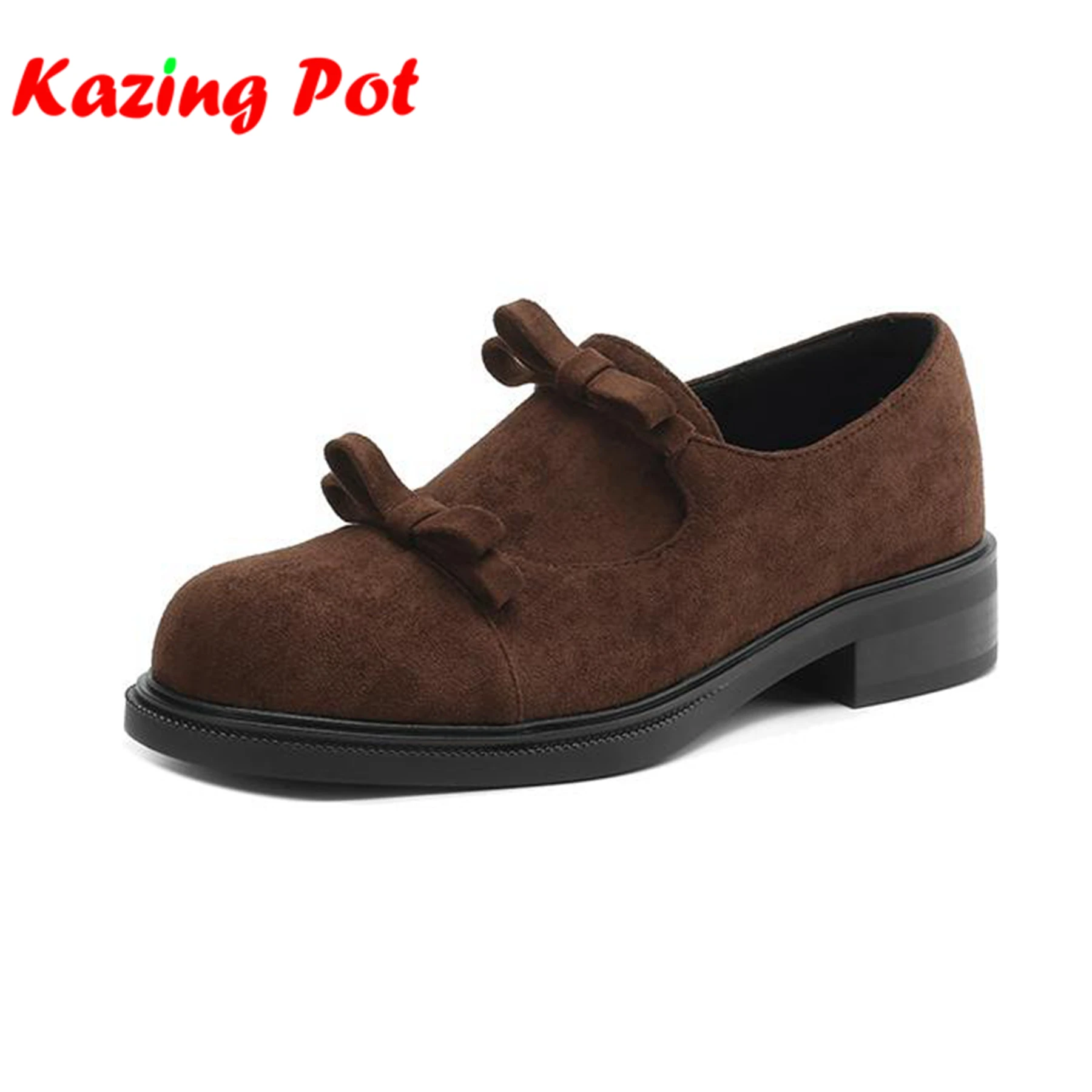 

Krazing Pot, новые осенние оксфорды из флока из микрофибры с круглым носком, женские туфли-лодочки на среднем каблуке с глубоким вырезом и узлом-бабочкой, размер 43, 42, женские туфли-лодочки