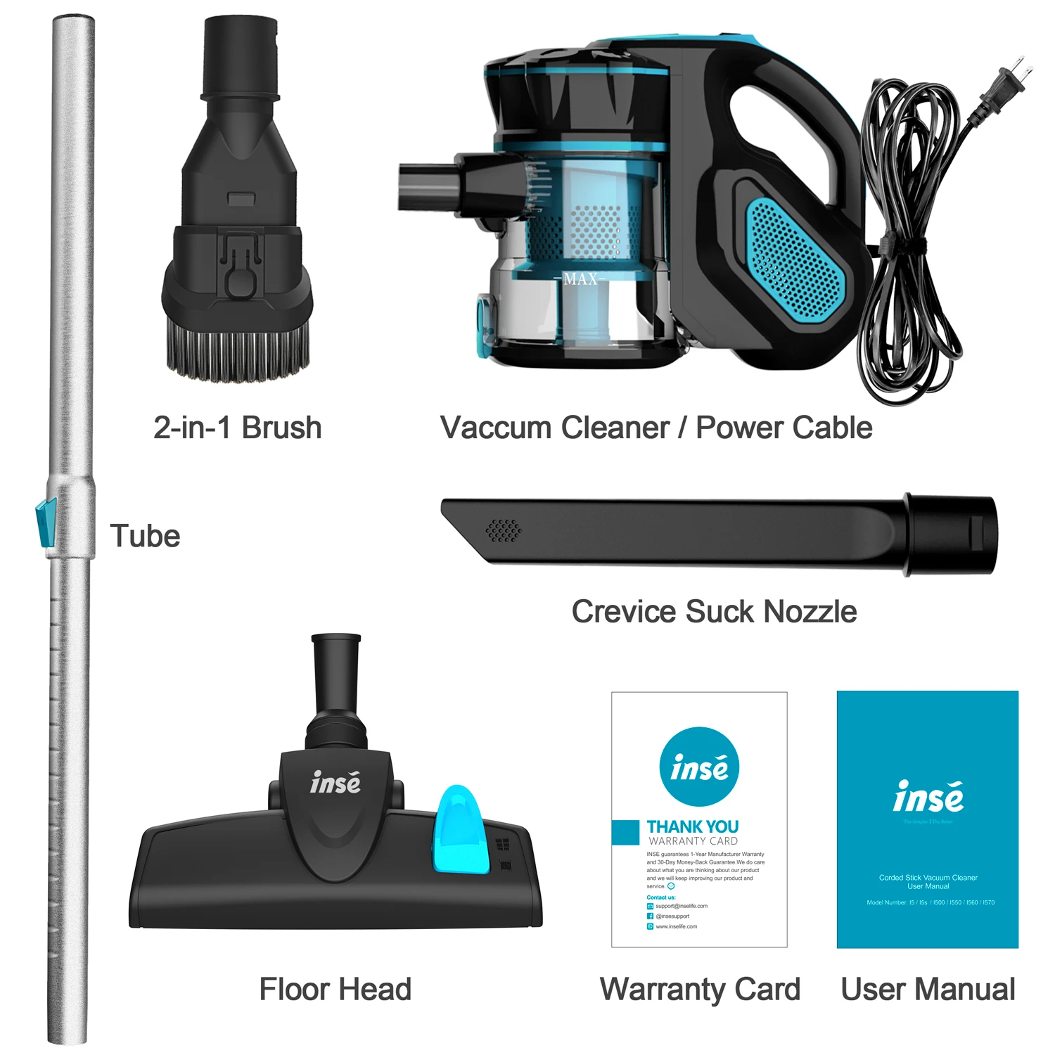 INSE - Aspirador escoba con cable, aspirador escoba con cable potente, 3 en 1 aspirador vertical filtro, 600W 18000Pa aspiradora sin bolsa con 6 m