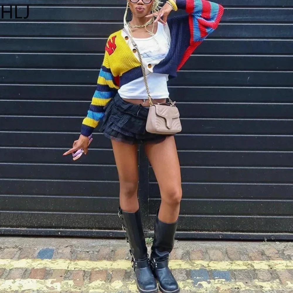 HLJ&GG Fashion Multicolor Patchwork Knitting Two Piece Sets Women Button Long Sleeve Crop Top And Mini Pleated Skirts Outfit