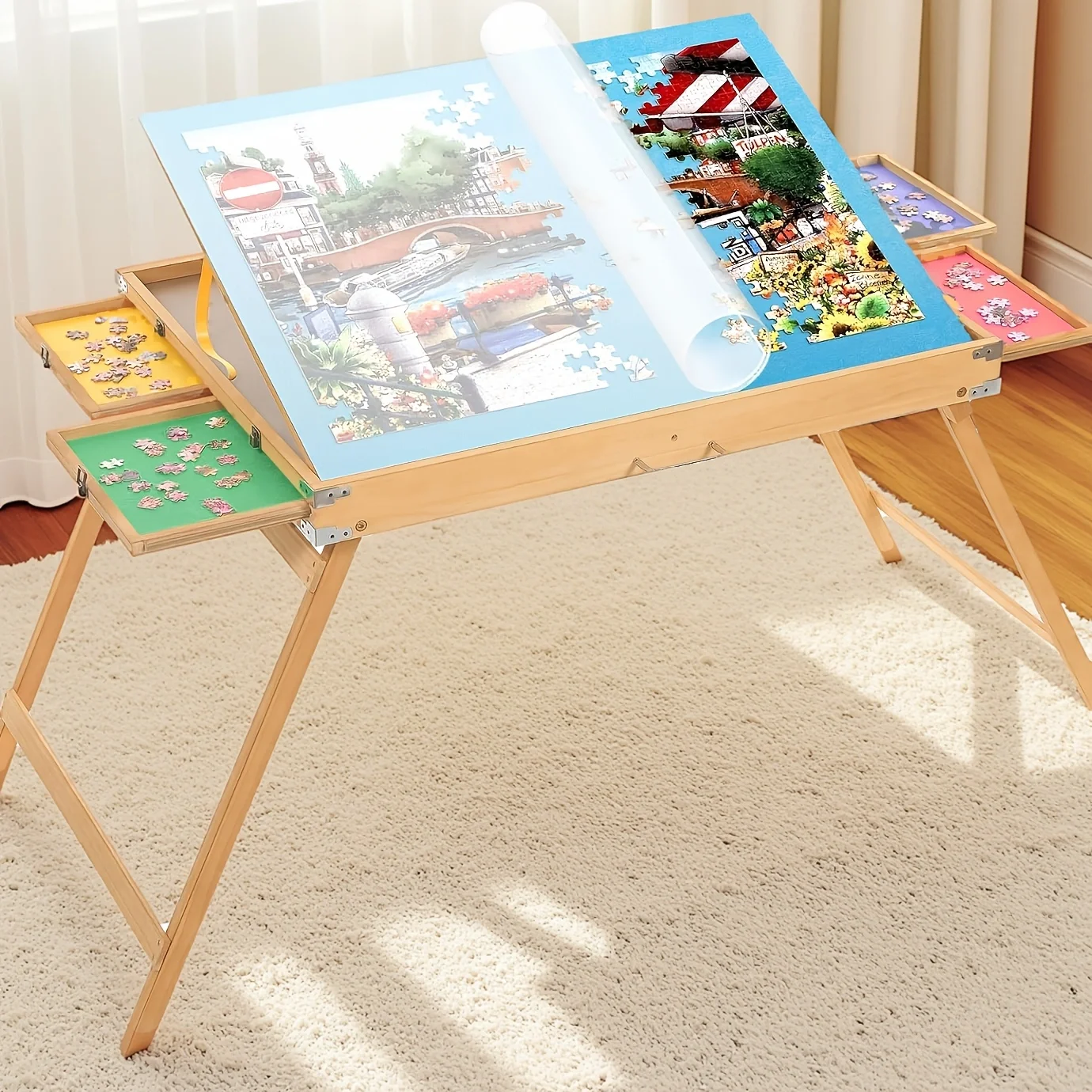 4-in-1 Wooden Puzzle Table w/Drawers & Cover | 1500PC Adjustable Heights & Foldable Legs | Ergo Tilt Board for Adults | Birthday Gift for Wife/Mom (Free Shipping)