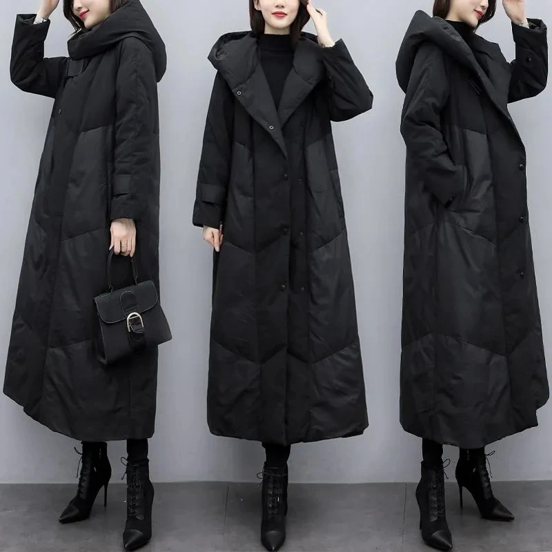 2023 New Large Women's Winter Fashionable Thickened Coat Korean Thick Warm Black Hooded Coat Women Long Overcoat Parka Outerwear