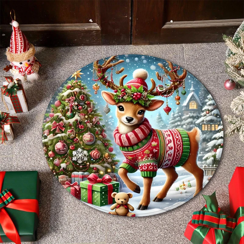 VIKAMA Reindeer Sweater Christmas Flannel Round Rug Non Slip Soft Mat for Christmas Tree Skirt Cute Decorative Home Decor