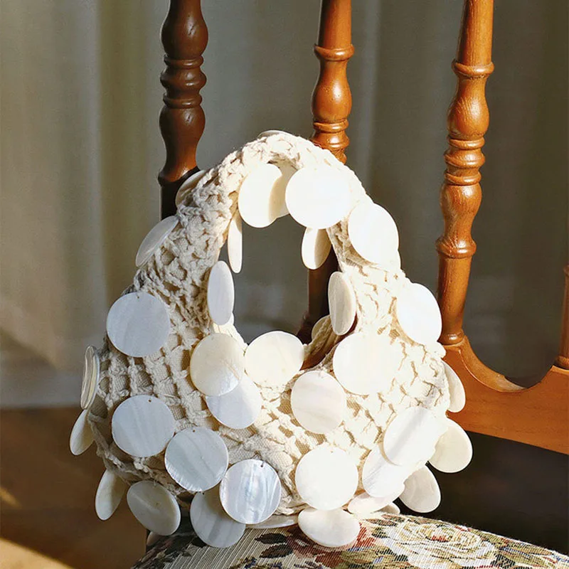 

Плетеная вручную ажурная сумка-ведро в пляжном/деревенском стиле для отпуска, с блестящими бусинами, клатч, сумка для мамы и ребенка, мягкая текстура