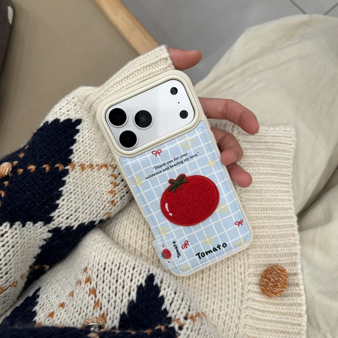 

Ins Korean Cute Blue Stripe Embroidery Tomato Leather Case For iPhone 17 16 15 14 Pro Max 15 16 17 Pro Camera Protection Cover﻿