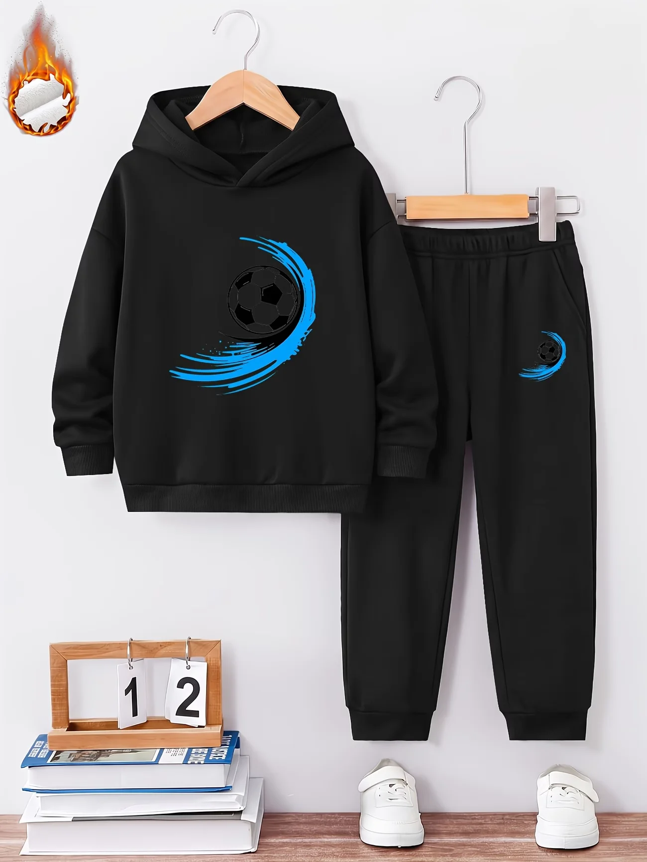 Autumn and winter fleece hooded sweatshirt set with dynamic football ink wave pattern for warmth and comfort