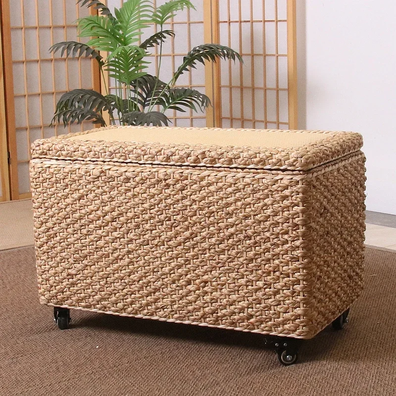 Multifunctional Rattan Woven Storage Box Large Capacity Flip Cover Clothing Case Shoe Changing Stool Convenient Pulley Step Seat