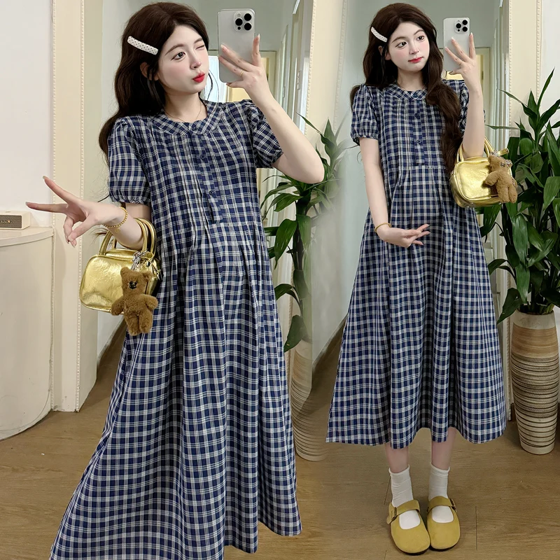 vestido-de-mujer-estilo-preppy-informal-ropa-de-senora-talla-grande-vestido-de-maternidad-a-cuadros-para-verano-manga-abullonada-cuello-redondo-largo-y-holgado-para-embarazadas