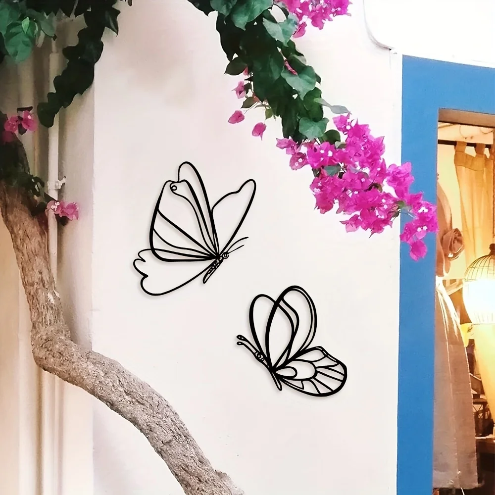 2 Stück Stahl-Schmetterling Metall-Wandkunst Schwarz Moderne Skulptur Hängende Dekoration für Zuhause Wohnzimmer Büro Wanddekoration