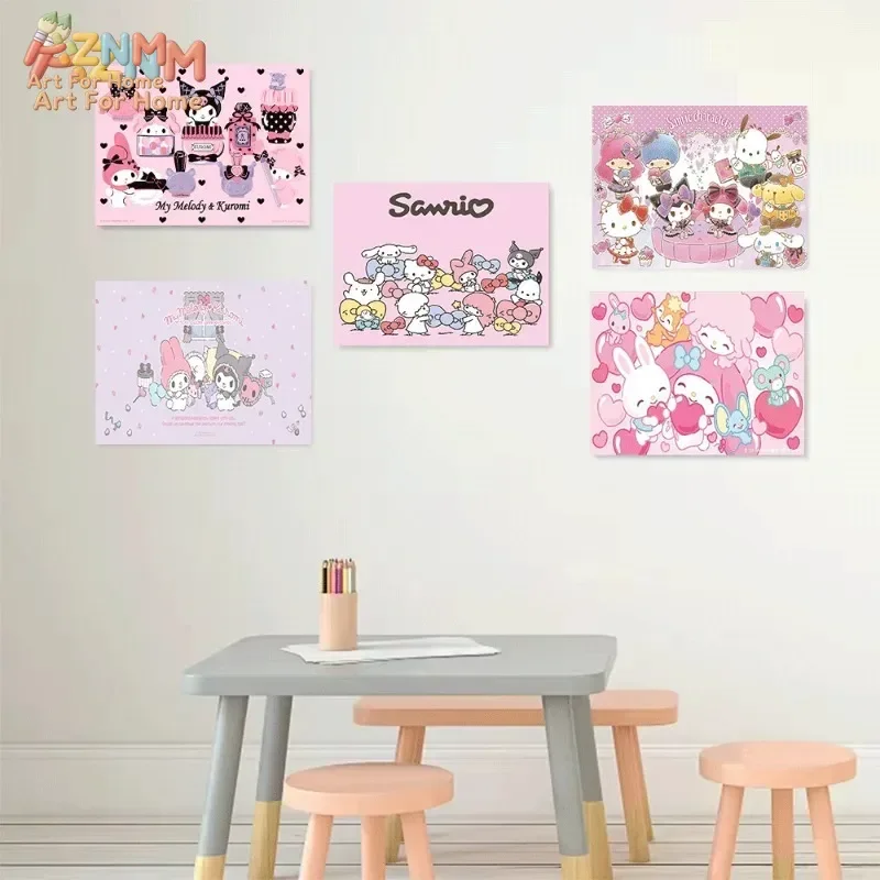 AZNM My Melody Kuromi Sanrio Characters Canvas Poster Pink Cute Cartoon Wall Art Print Girls Room Decor Unframed Painting