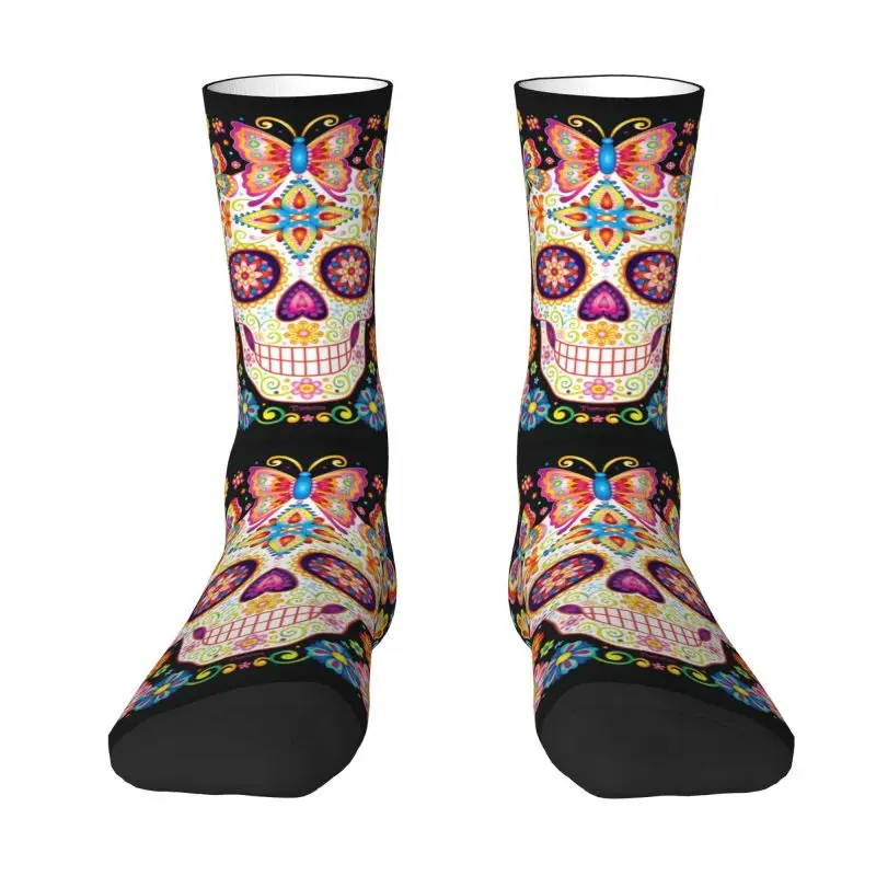 Kawaii Men's Sugar Skull With Butterflies And Flowers By Thaneeya McArdle Dress Socks Unisex Breathbale Warm Printed Crew Socks