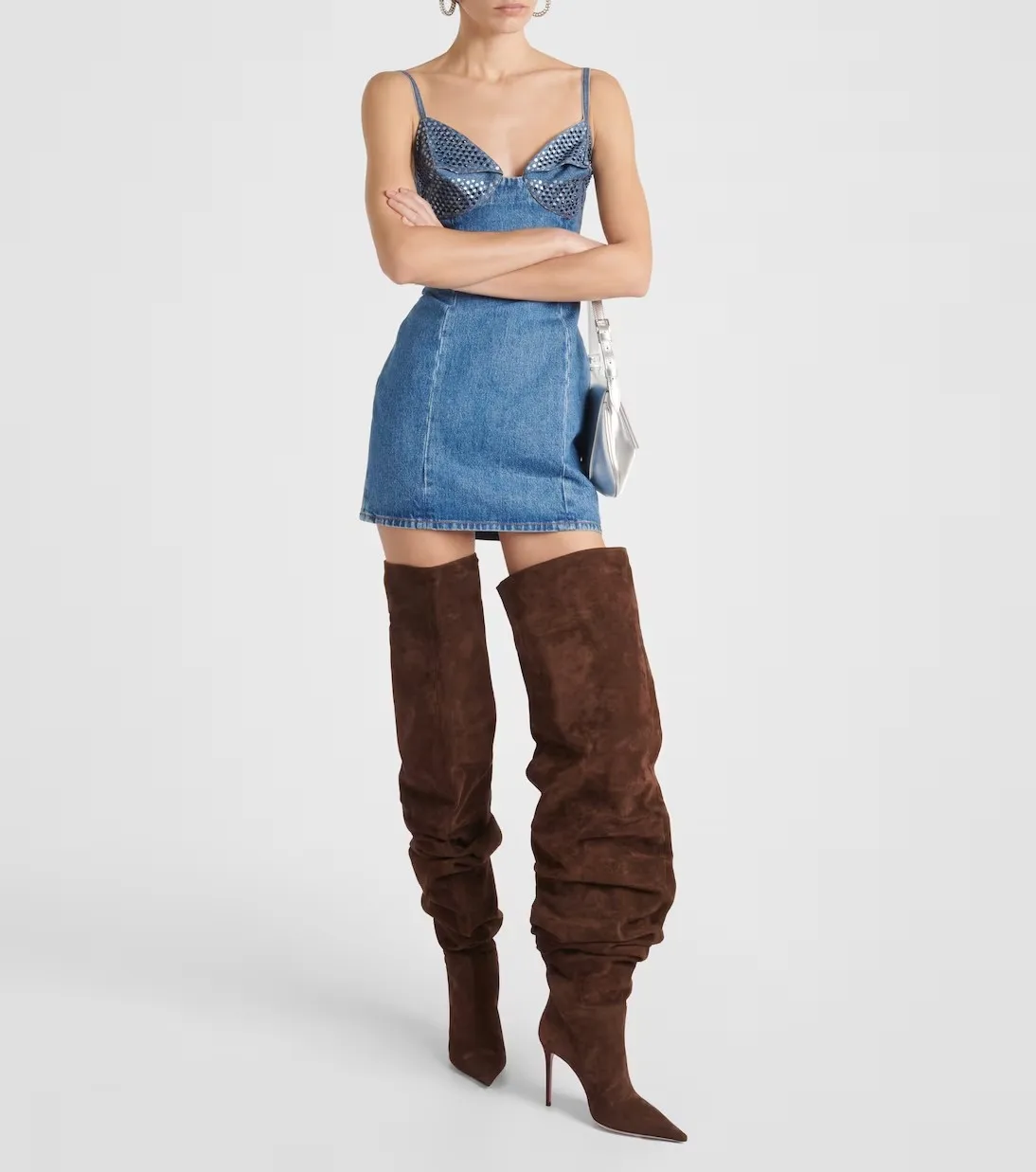 2024 Fashion Brown Over Knee Sleeve Boots Women\'s Sexy Nightclub Stage Runway Boots Denim Folds Long Boots 44