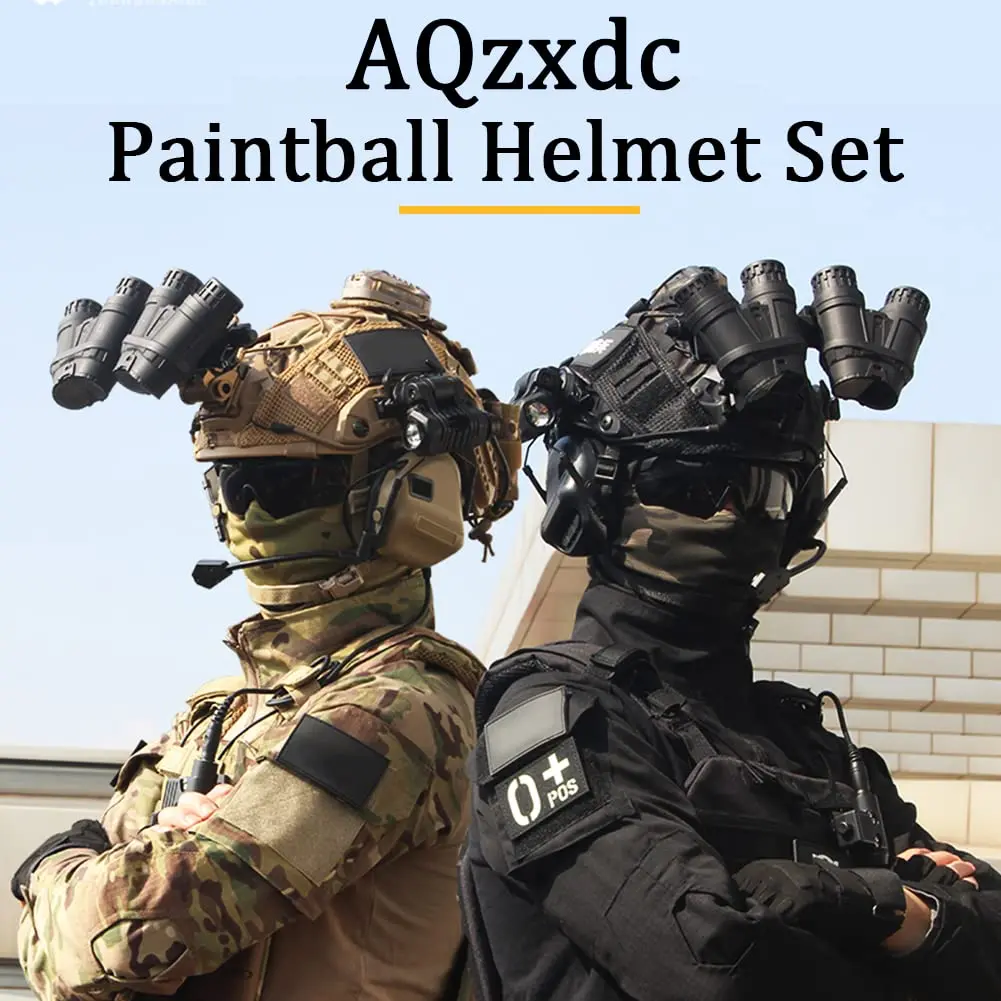 Rápido Airsoft Capacete Set, 4 Olhos Telescópio Modelo e auscultadores insonorizados, lanternas, óculos, luzes de sinalização, Etc