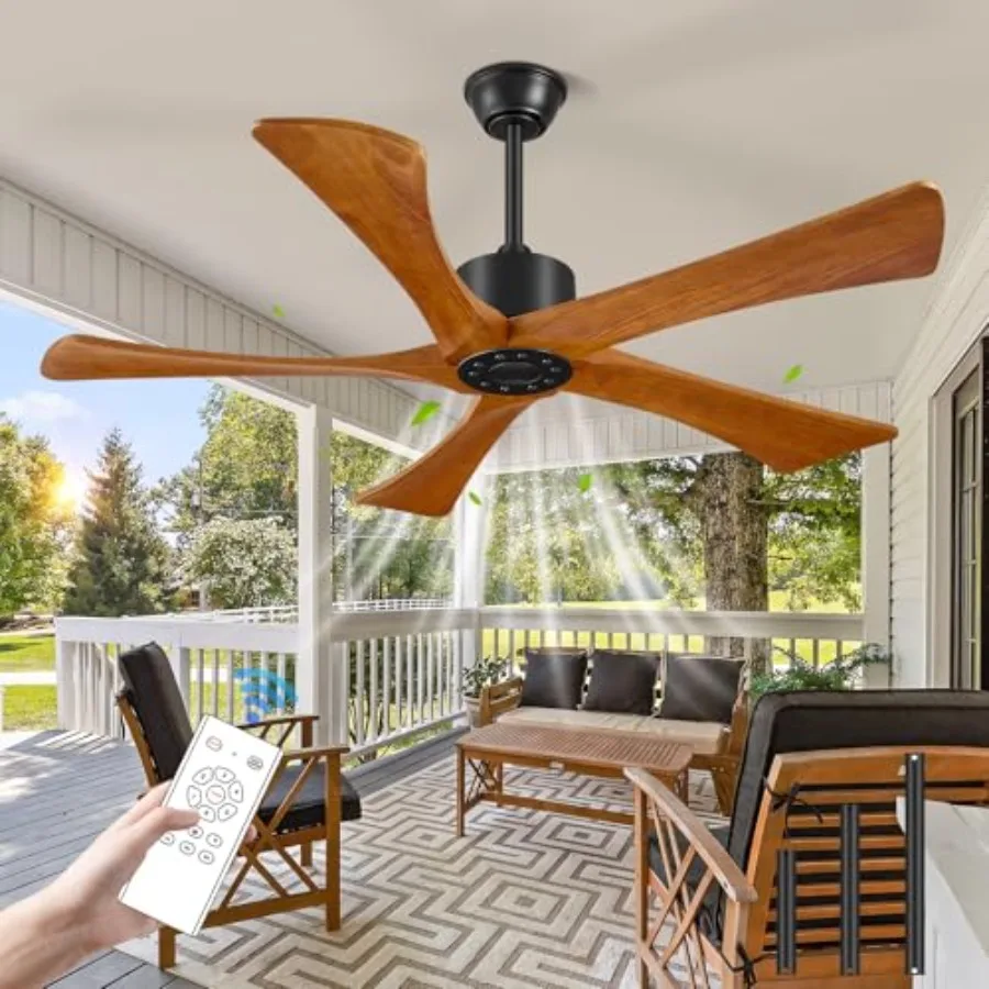 

Outdoor 52 Inch Ceiling Fan Without Lights, Wood Blades, Black and Brown, Quiet DC Motor with 6 Speeds and Remote Control