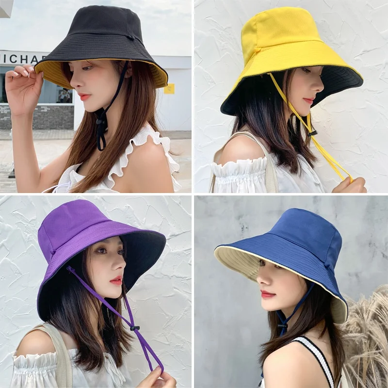Unisex Double-Sided Fisherman Hat Broad Brim Sunshade Outdoor Windproof Sun Prevent Hat Korean Style Foldable Bucket Hat