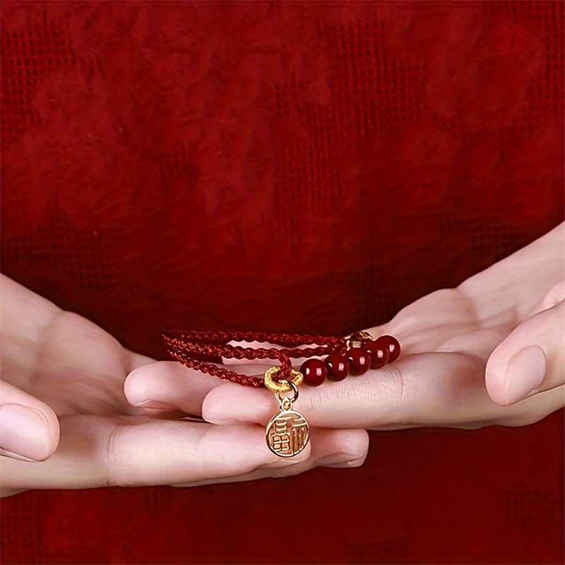 Handgefertigte geflochtene Imitation Zinnober Unendlichkeitssymbol-Armbänder für Damen und Herren, schlichtes rotes Seil, Pfirsichblüten-Transfer-Perlenarmband – Detail 13