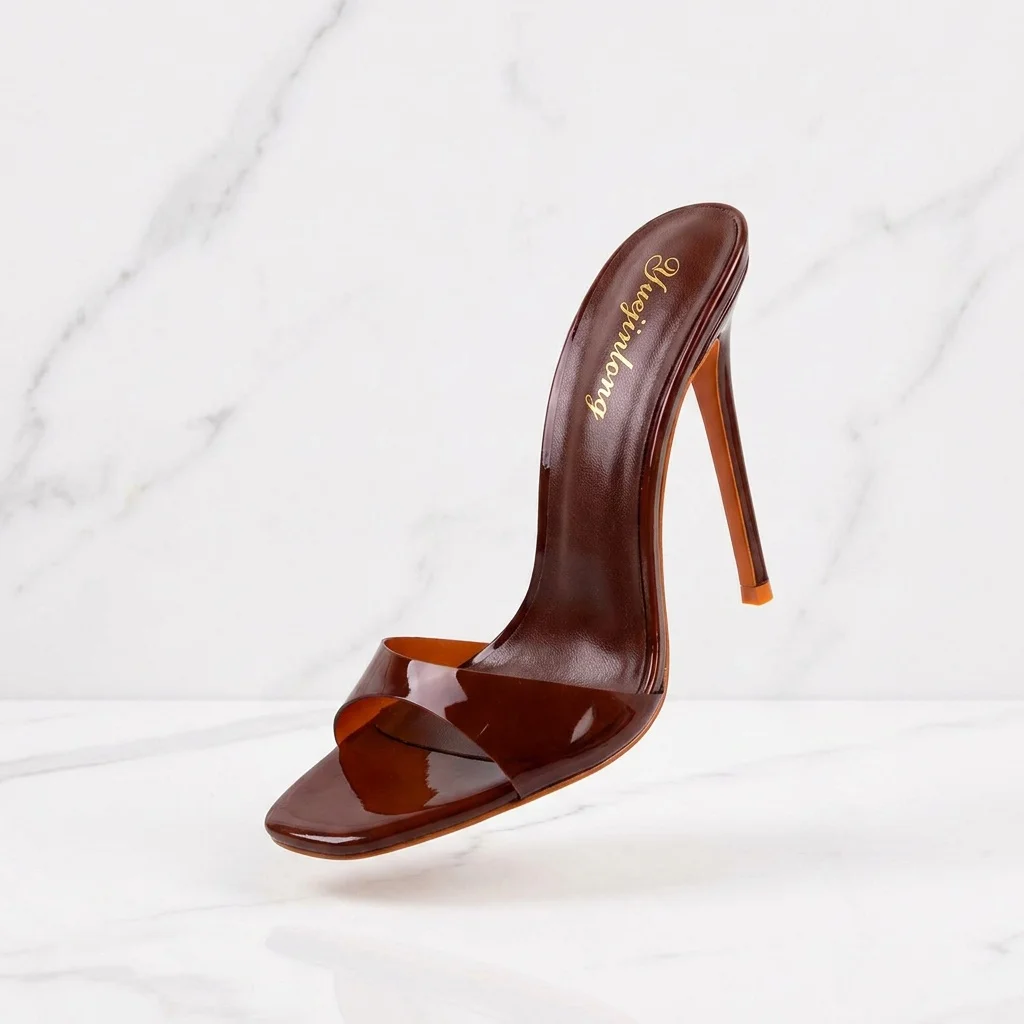 Yuejinlong Sexy Brown Clear PVC High Heels Square Toe Mules Stiletto Slingback Sandals Plus Size 33-46 Party Dress Shoes 2026