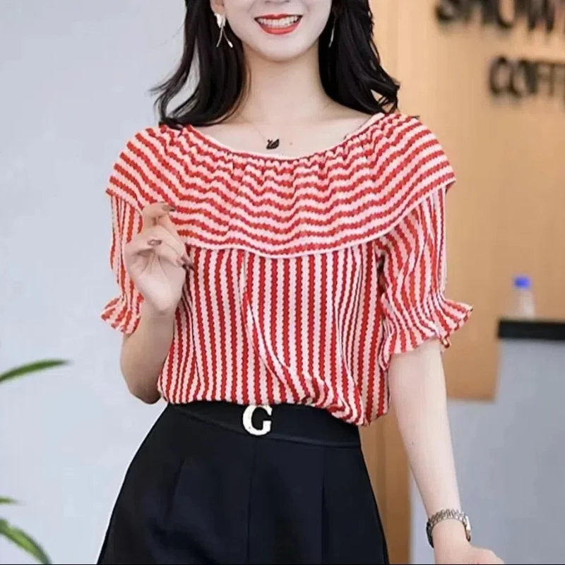 Summer Women\'s Clothing Pullover Ruffled Neck Chiffon Short Sleeve Contrast Color Striped Elegant T-shirt Casual Trendy Tops