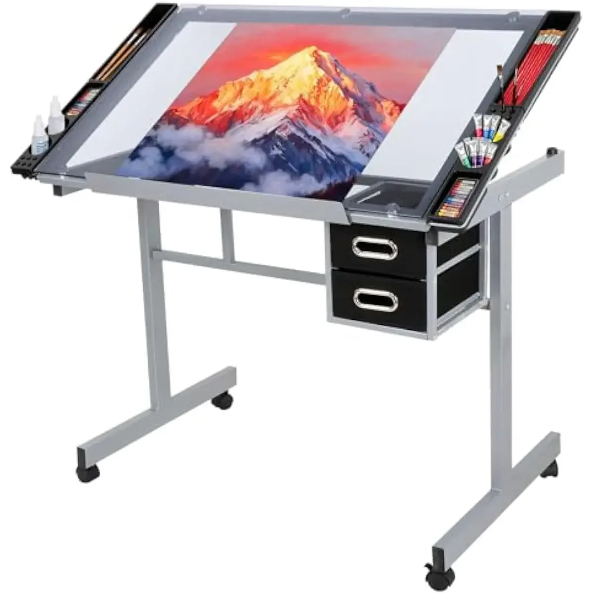 Adjustable Glass Drafting Desk with 0-60 Degree Tilt, Height Range 31.5-49.5 Inches, Alloy Steel Frame, Two Slide Drawers, Four