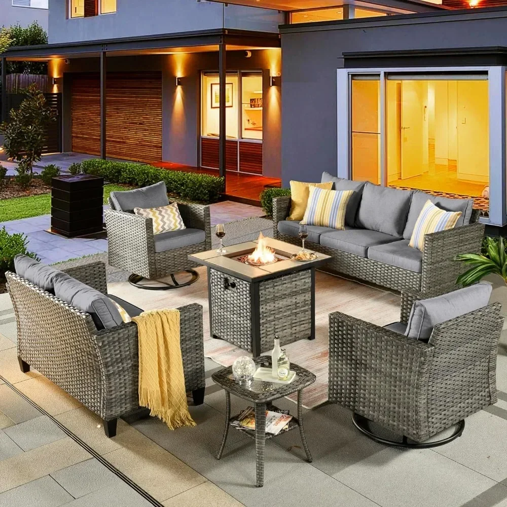 Outdoor Sofa Set of 6 with Rocking Swivel Chairs Square Fire Pit Table, Patio Furniture Set 6 Piece Outdoor Sectional Sofa Set