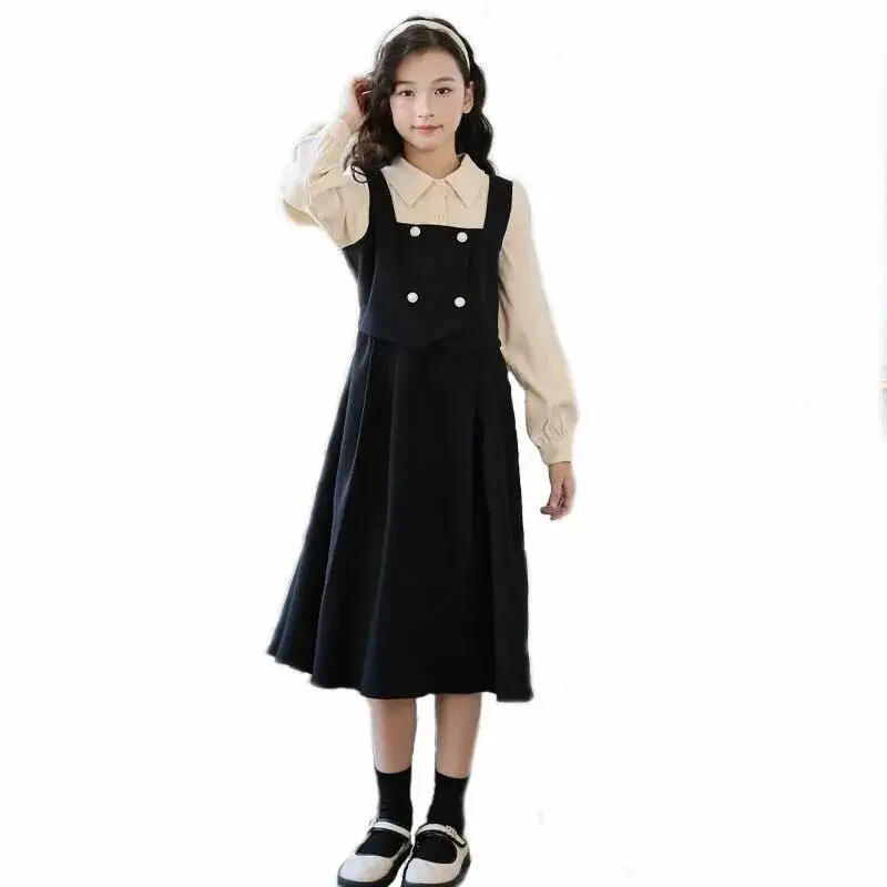 Urocze dziewczęce bluzki i sukienki w stylu kawaii, studenckie, na wiosnę i jesień, codzienne koszule z kołnierzykiem, spódnice w kształcie litery A, imitacja dwuczęściowej odzieży dziecięcej.