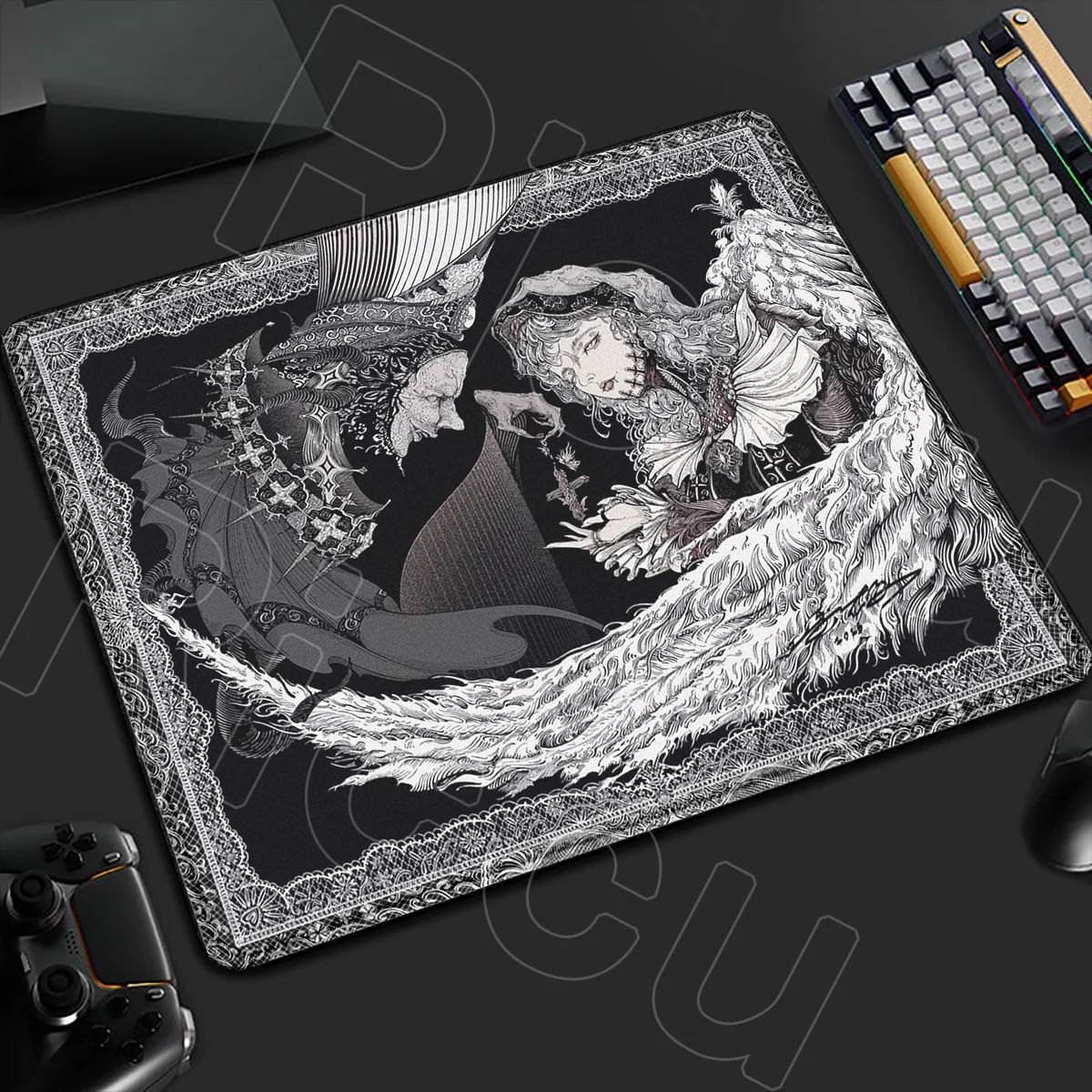 HD Retro European style Gothic black and white Anime Small Mouse Pad Computer PC Accessories Keyboard Non-Slip 400X450mm DeskMat