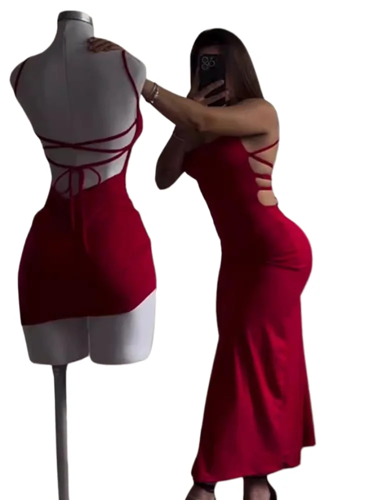 

Hot Style Spaghetti Strap Bodycon Dresses Women Sexy Backless Leace-up Hot Girl Package Slit Dress Party Night Club Vestidos